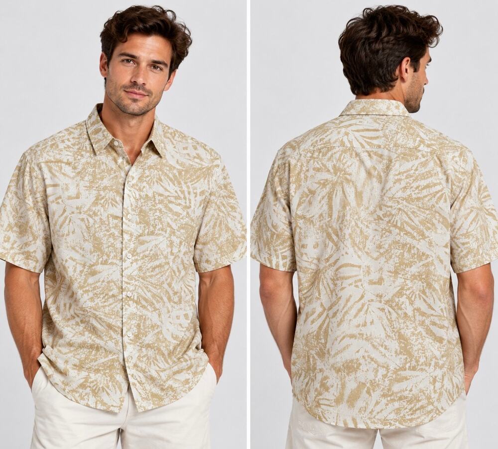 Vintage Silk Men’s XL Hawaiian Shirt Beige Cream Tropical Palm Print Button Up
